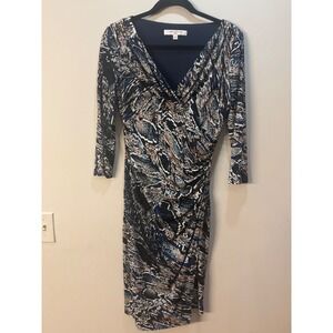 Evan Picone Snakeskin Print Sheath Dress Ruched‎ Bodycon 3/4 Sleeve Size 4